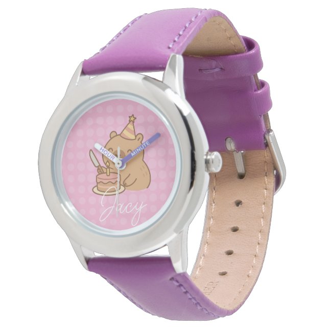 Montre Cute Kids Capybara mangeant du gâteau Anniversaire (Incliné)
