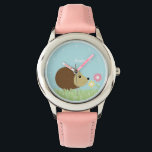 Montre Cute Little Hedgehog Personnalisé<br><div class="desc">Cette adorable montre pour enfant présente une illustration vectorielle douce d'un hérisson et de deux fleurs,  et peut être personnalisée avec le nom de votre enfant,  monogramme,  initial,  ou tout texte de votre choix pour un cadeau personnalisé parfait.</div>