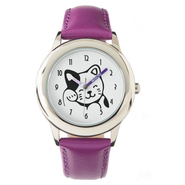 Montre Cute noir et blanc Kitty Chat Waving Bonjour (devant)