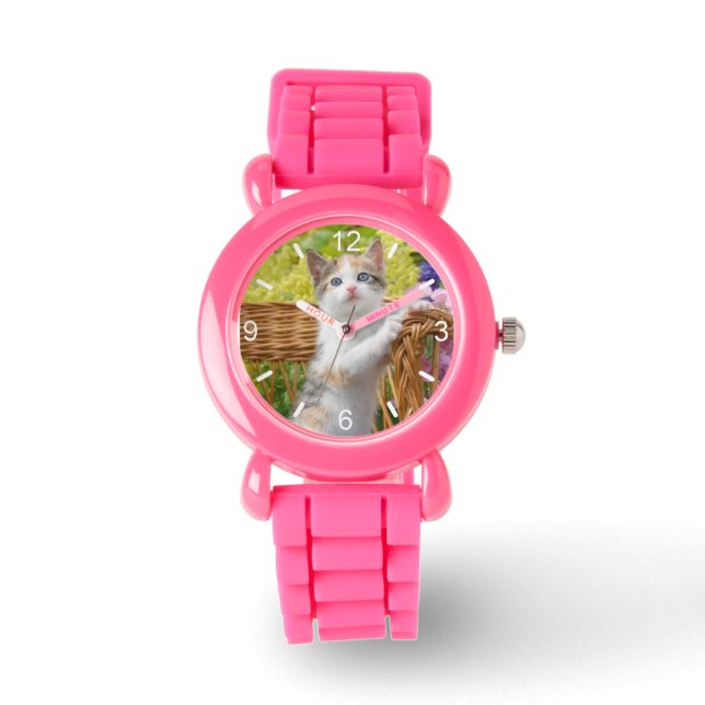 Montre Cute Nosy Baby Chat Kitten dans un jardin fleuri - (Recto)