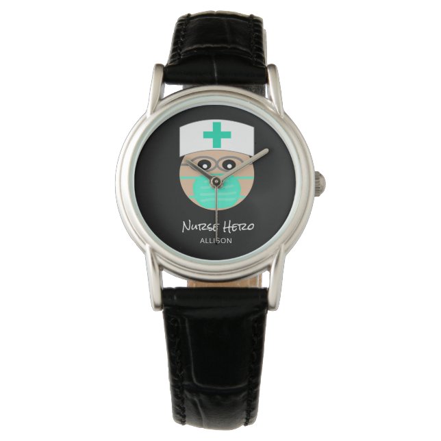 Montre Cute Nurse Hero Noir Blanc Médicale Personnalisé (devant)