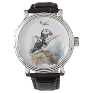 Montre Cute Puffin sur une roche aquarelle