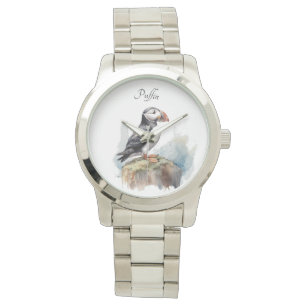 Montre Cute Puffin sur une roche aquarelle