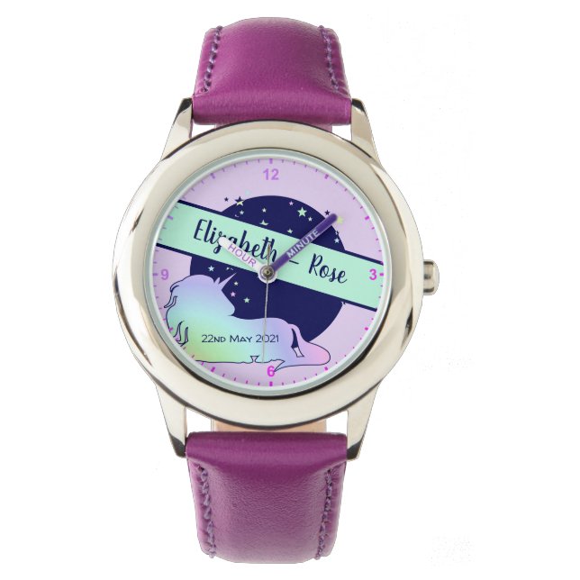 Montre Cute Rainbow Unicorn Nom Date de naissance Anniver (devant)