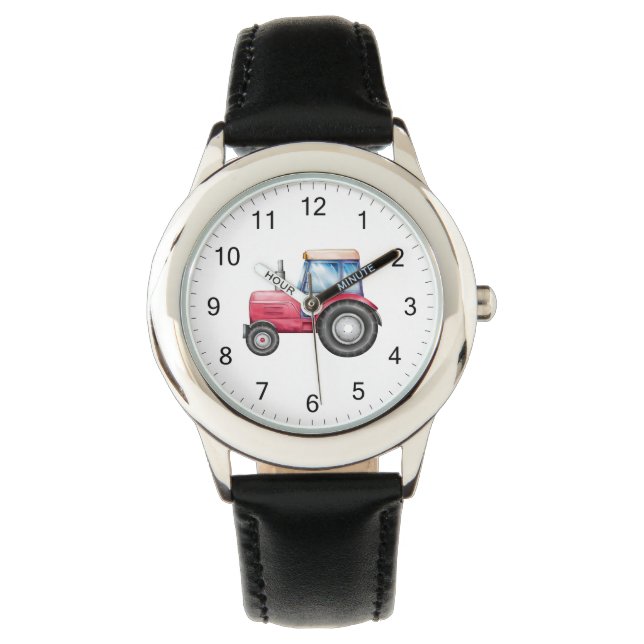 Montre Cute rouge tracteur ferme aquarelle enfants (devant)