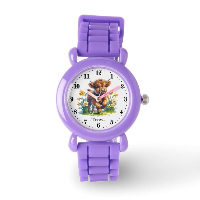 Montre Cute Spring girls Highland cow ajouter nom (Recto)