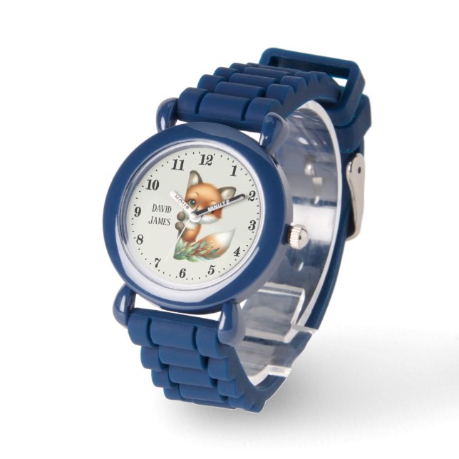 Montre Cute unisex enfants peeeking renard ajouter nom (Angle)