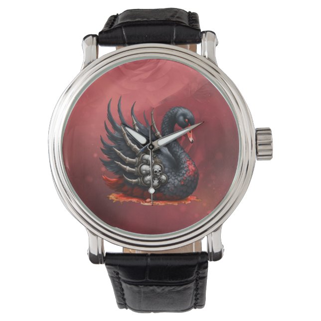 Montre Cygne noir d'os – Élégance gothique  (devant)
