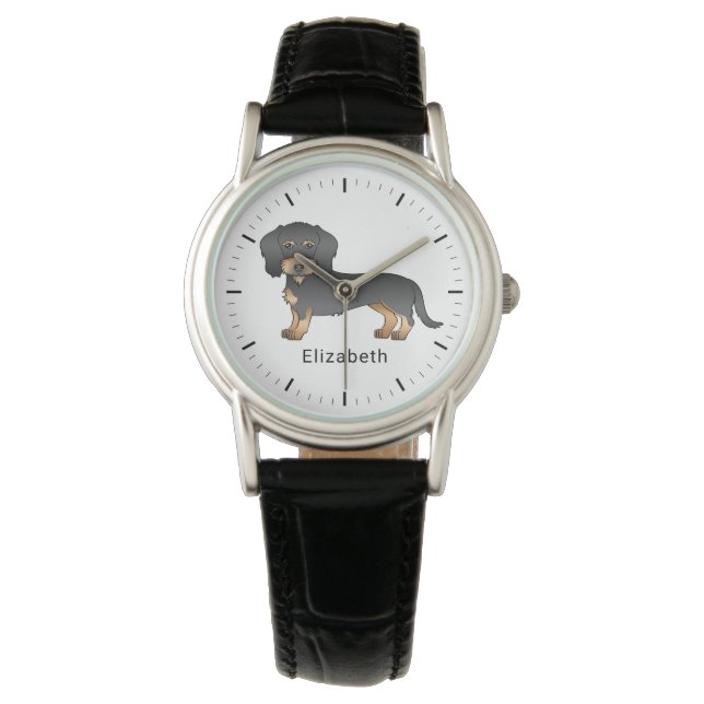Montre Dachshund à poil dur noir et feu & Nom (devant)