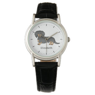 Montre Dachshund à poil long noir et feu Cartoon Chien &