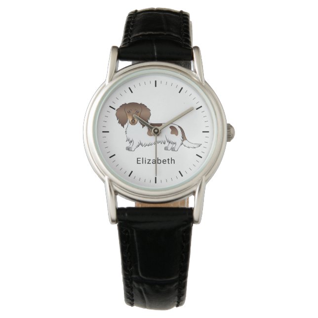 Montre Dachshund à poil long piebalde chocolat et fauve & (devant)