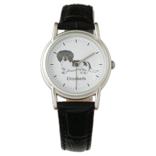 Montre Dachshund à poil long piebalde noir et feu & Nom