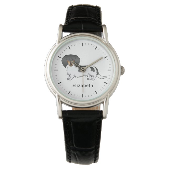 Montre Dachshund à poil long piebalde noir et feu & Nom (devant)