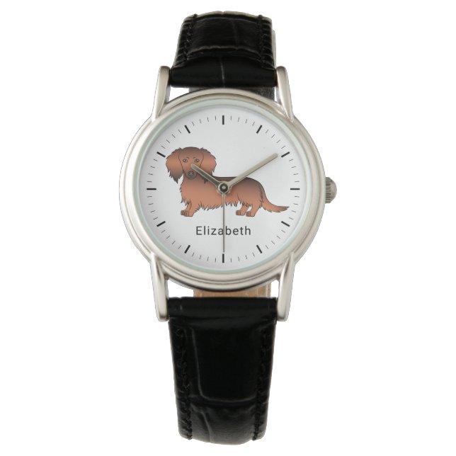 Montre Dachshund Cartoon Chien & Nom Poil Long Sable Roug (devant)