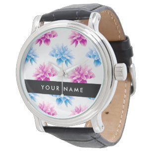 Montre Dahlia rose et bleu, motif floral, votre nom