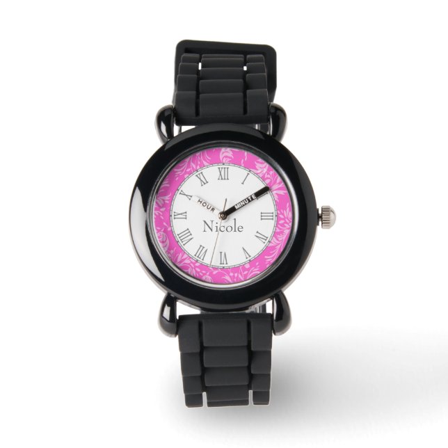 Montre Damask fleur sauvage imprimer nom rose bracelet (Recto)