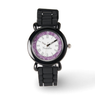 Montre Damask fleur sauvage print violet nom bracelet