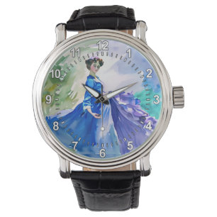 Montre Dame en Robe Bleue - Peinture aquarelle