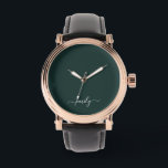 Montre Dark Green Modern Script Nom du monogramme<br><div class="desc">Dark Green Simple Script Nom du monogramme. Cela rend le cadeau parfait pour 16 ans,  mariage,  douche nuptiale,  anniversaire,  baby shower ou bachelorette pour quelqu'un qui aime le luxe glam et les styles chic.</div>
