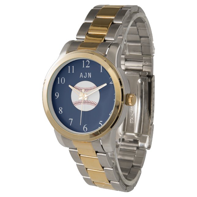 Montre de baseball à monogramme bleu Cadeau (Incliné)