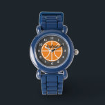 Montre de basket-ball pour enfants avec nom person<br><div class="desc">Montre de sport de basket-ball de l'enfant avec nom personnalisé. Montres à poignet personnalisées pour garçons et filles. Idée cadeau de vacances ou d'anniversaire mignonne pour fils,  petit-fils,  neveu,  cousin,  enfants,  joueurs,  équipe etc. Cadran noir et blanc avec logo boule.</div>