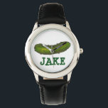 Montre de chiche à bille verte personnalisée<br><div class="desc">Présente une illustration originale d'un cornichon vert. Personnalisez simplement avec votre nom !</div>