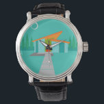 Montre de cuir de bande dessinée d'âge d'espace<br><div class="desc">Cette montre de cuir de Chambre de bande dessinée d'âge d'espace est le rétro rêve d'un amant viennent vrai. Les caractéristiques de conception minimalistes d'art une maison de pierre d'aqua avec grand, fenêtres de bleu de paon. Pendant de l'atomique, s'inclinant, le toit orange, un appareil d'éclairage jaune de spoutnik illumine...</div>