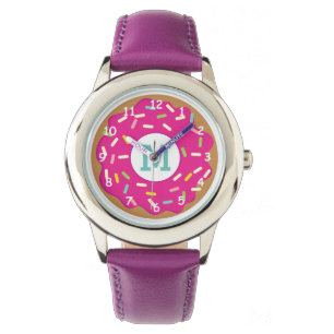Montre de fille rose avec mignonne beigne saupoudr