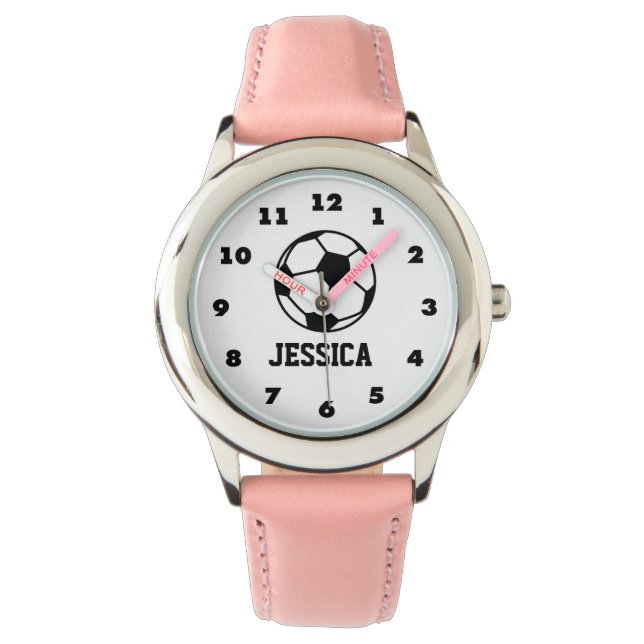 Montre de football rose personnalisée pour filles (devant)
