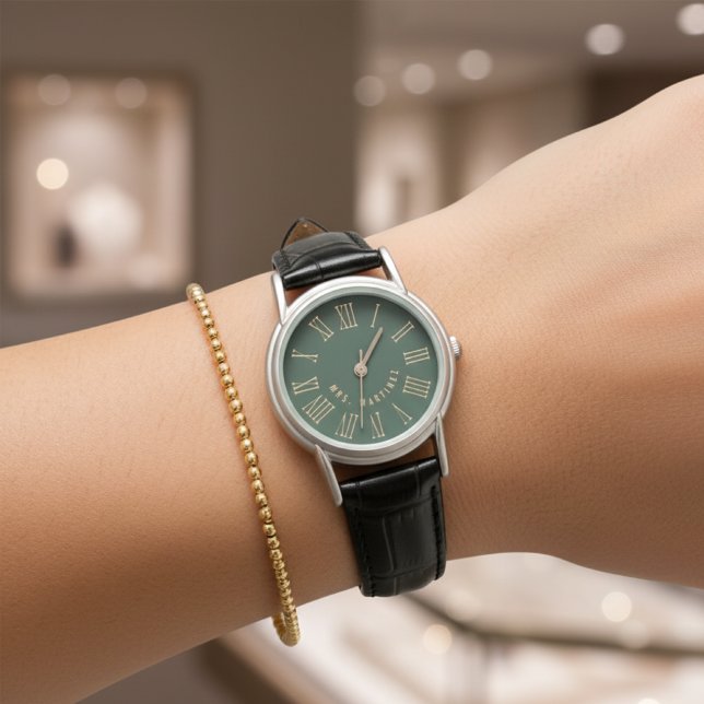 Montre de mariage personnalisée verte pour couples (Custom Mr and Mrs His and Hers Wedding, Newlywed, Husband & Wife Watch Gift for Him or Her)