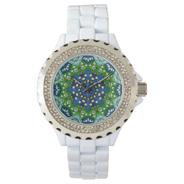 Montre de Motif bleu vert en mosaïque Mandala Retr (devant)