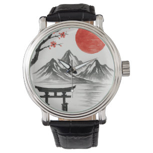 Montre de paysage de montagne du soleil rouge japo