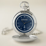 Montre de poche de luxe nautique avec nom personna<br><div class="desc">Montre de poche marine avec chaîne. Créez votre propre montre de poche de chasseur de luxe en or ou en argent. Pièce d'époque classique avec chiffres romains, monogramme et couleur arrière - plan personnalisée. Idée cadeau rétro unique pour les hommes. Faites votre propre pour le meilleur homme, groomsman, amis, petit...</div>