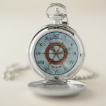 Montre de poche nautique de la barre du navire ble<br><div class="desc">Montre de poche nautique qui peut être personnalisée avec votre propre texte. Tout formaté et prêt à être édité dans l'éditeur zazzle simple. Conçu avec une image de barre de navire et des accents noirs sur un arrière - plan bleu et vert abstrait. votre choix de tonalité argent ou or...</div>