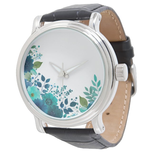 Montre de poignet florale aquarelle sarcelle - Flo (Incliné)