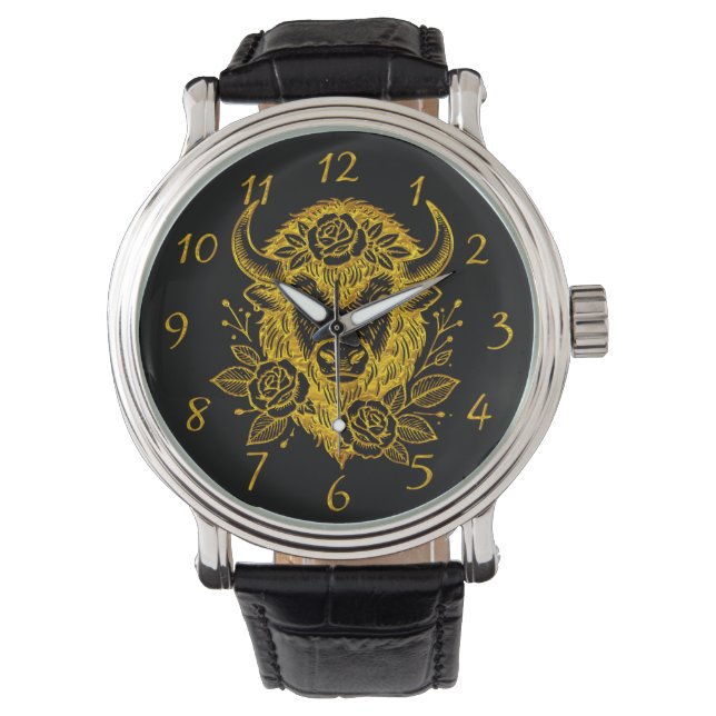 Montre Décor de tête de bison d'or floral (devant)