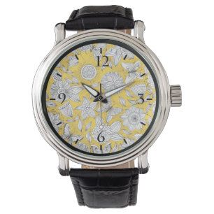 Montre Design abstrait fleuri jaune blanc mignon