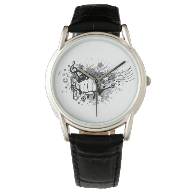 Montre Design avec poing, étoiles et notes musicales mont (devant)