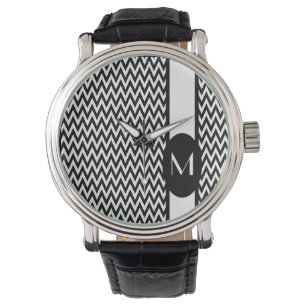 Montre Design Chevron élégant noir avec monogramme