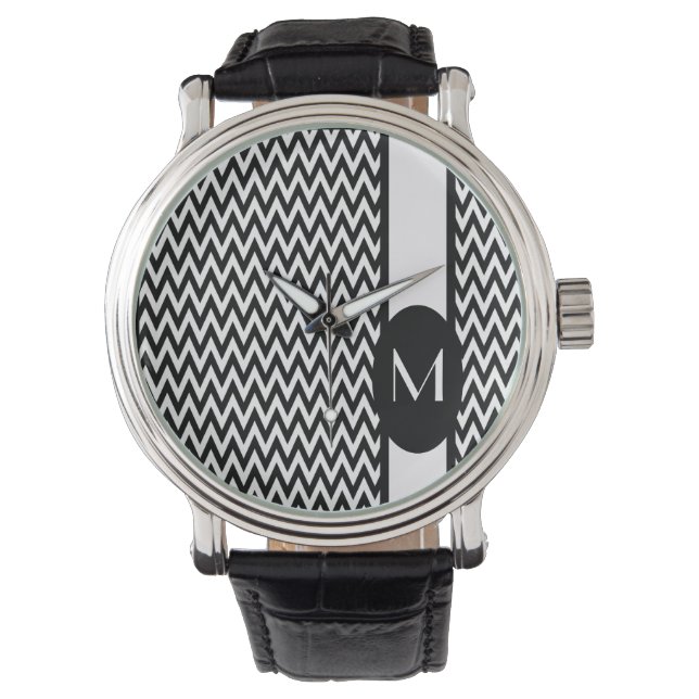 Montre Design Chevron élégant noir avec monogramme (devant)