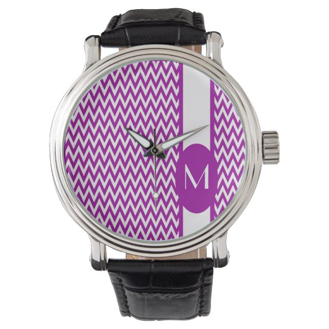 Montre Design élégant chevron violet avec monogramme (devant)