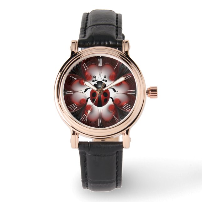 Montre Design Fractal D'Art Noir Et Rouge Ladybug, (Recto)