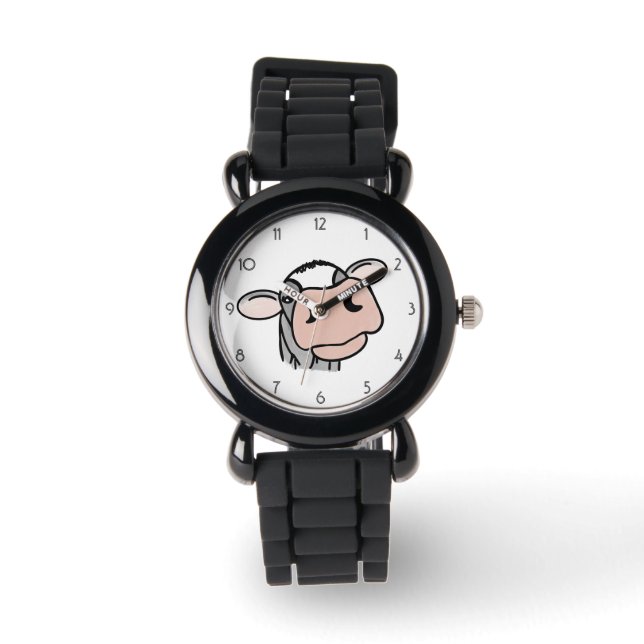 Montre dessin animé vache noir blanc rose baiser gris ani (Recto)