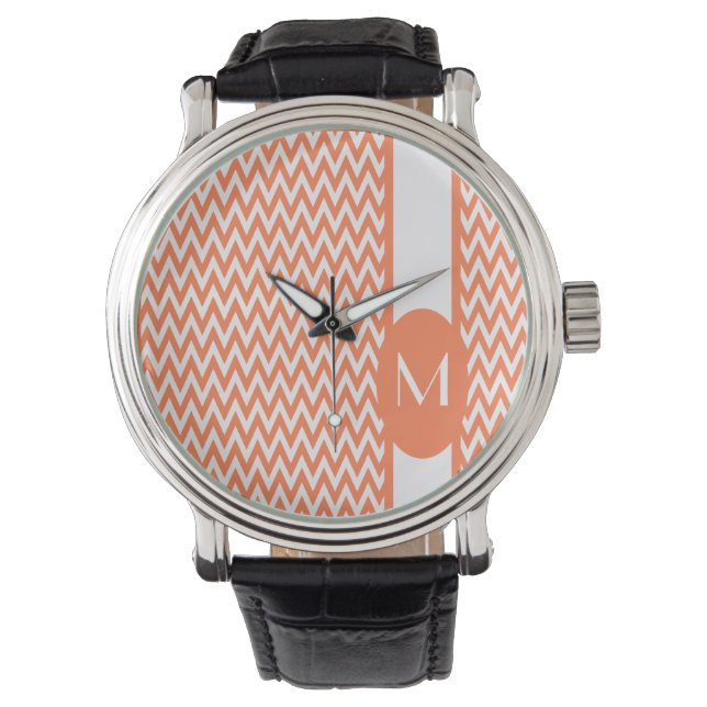 Montre Dessin élégant chevron corail avec monogramme (devant)