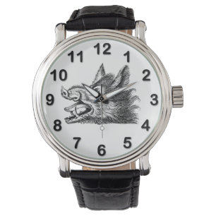 Montre Dessin tête de sanglier vintage en noir et blanc