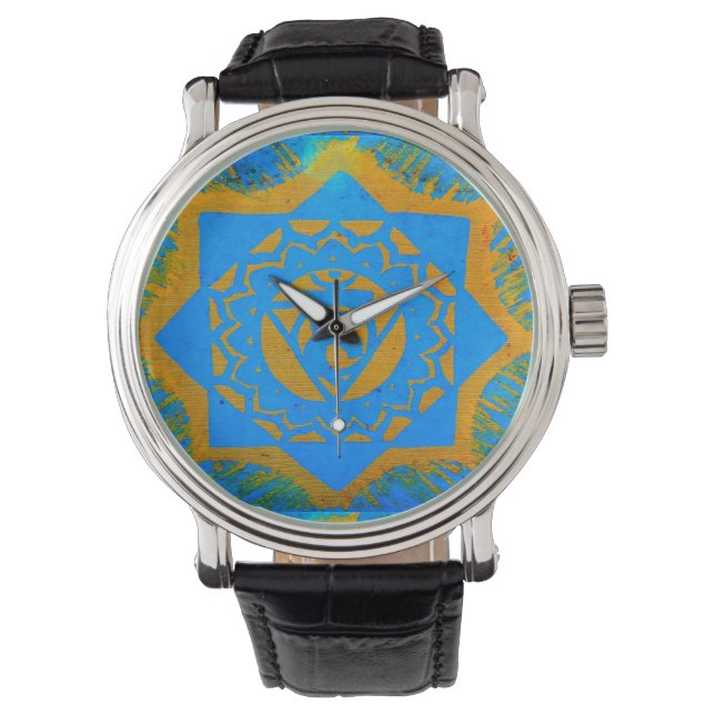 Montre dessin tibétain en or bleu (devant)