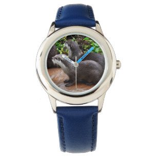 Montre Deux Loutres Affamées En Attente De Poisson, -