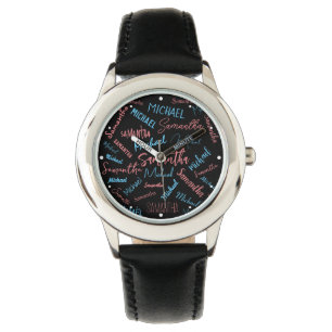 Montre Deux noms couples motif monogramme bleu rose clair