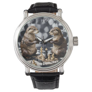 Montre Deux Otters Jouant Aux Échecs,