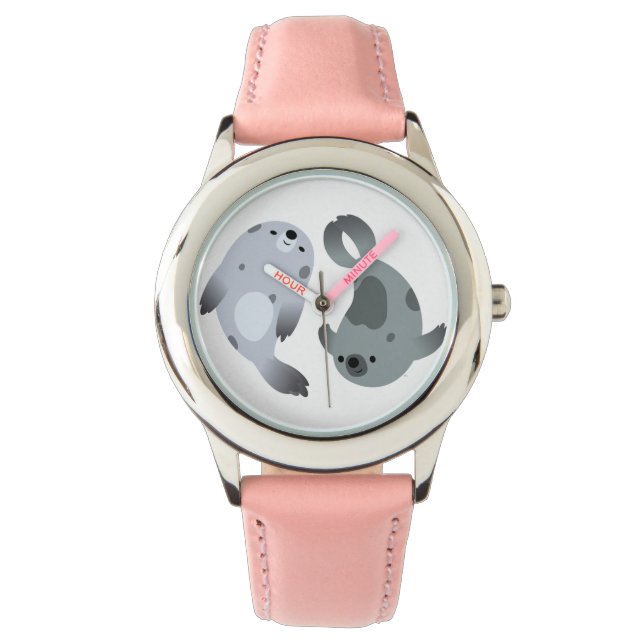 Montre Deux phoques de la harpe de dessin animé mignons e (devant)